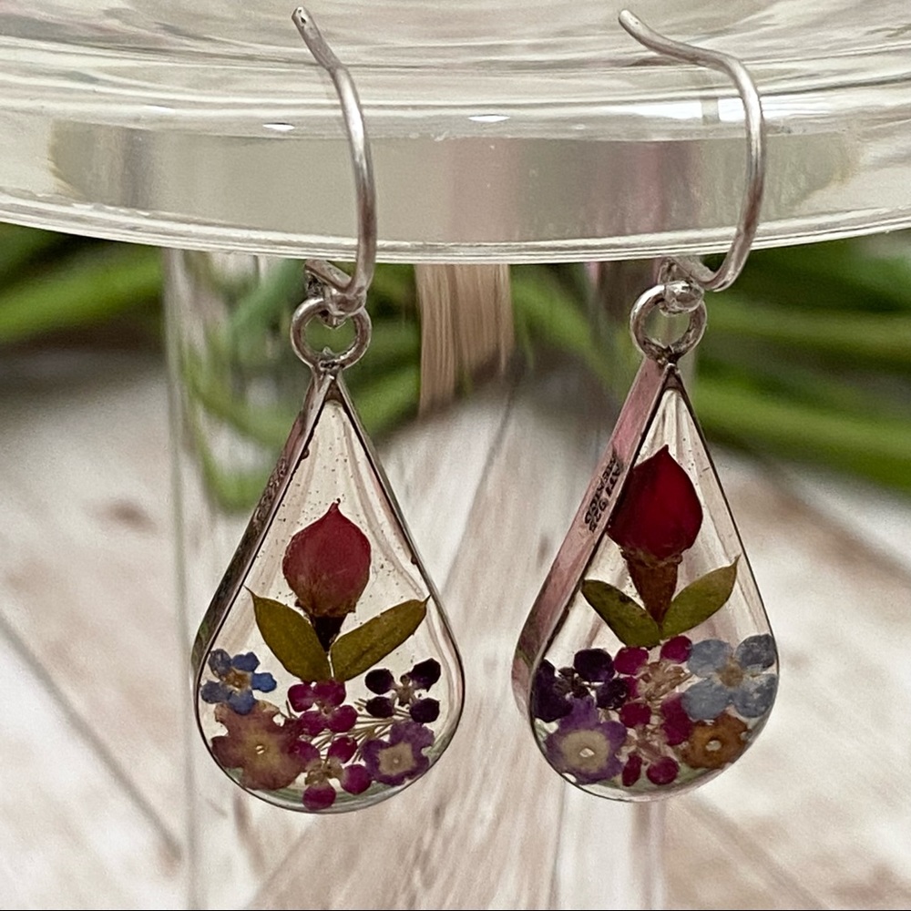 ATI 925 Mexico Sterling Silver Pressed Flowers Teardrop Earrings